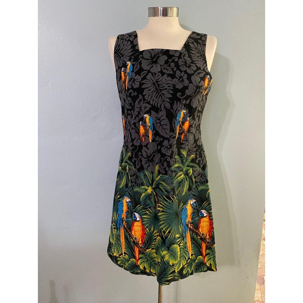 Pacific Legend Black Parrots Hawaiian Sheath Dress - Picture 1 of 5